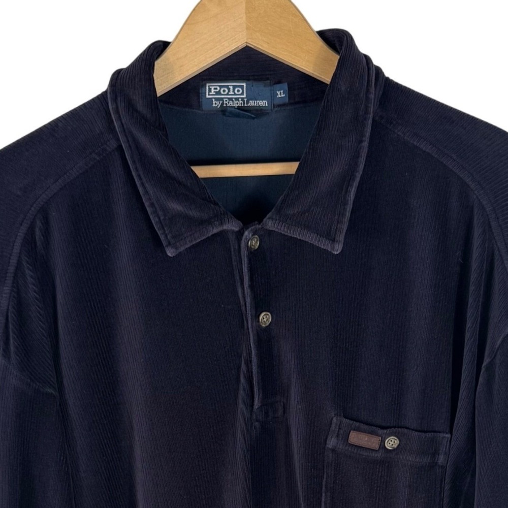 Polo Ralph Lauren Mens XL Navy Blue Corduroy Long Sleeve Polo Shirt Pocket